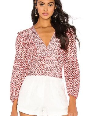 Bardot Red and White Eyelet Printed Ruffle Button Blouse Sz 6
